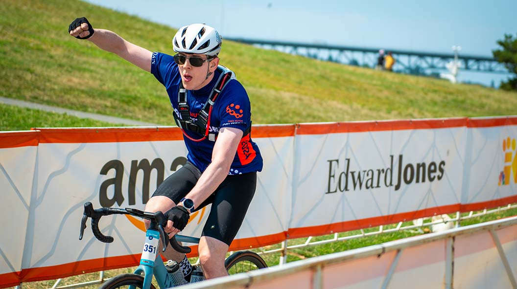 Aaron crosses the finish line, Obliteride, August 2024