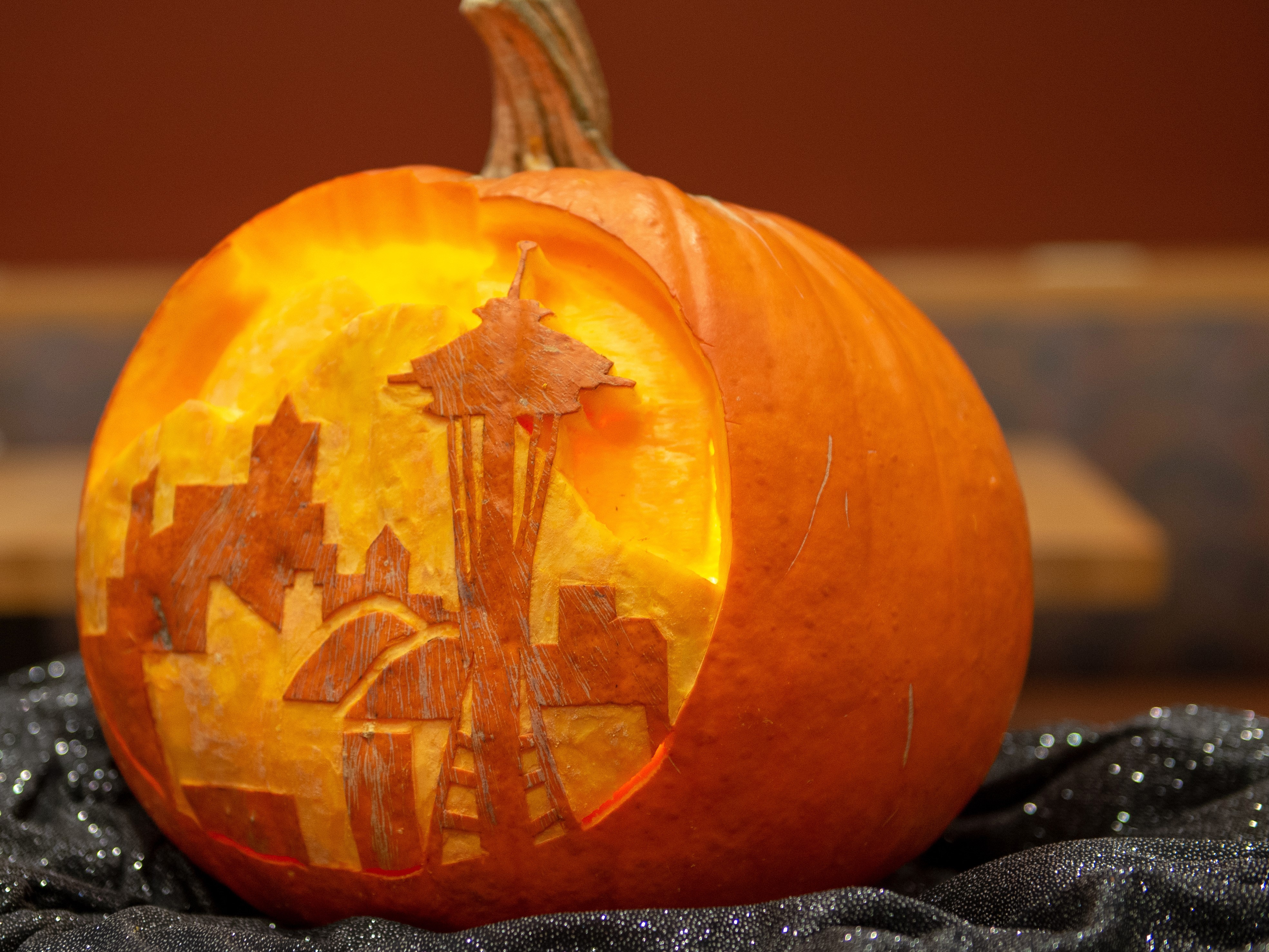 Pumpkin carved with Seattle Skyline