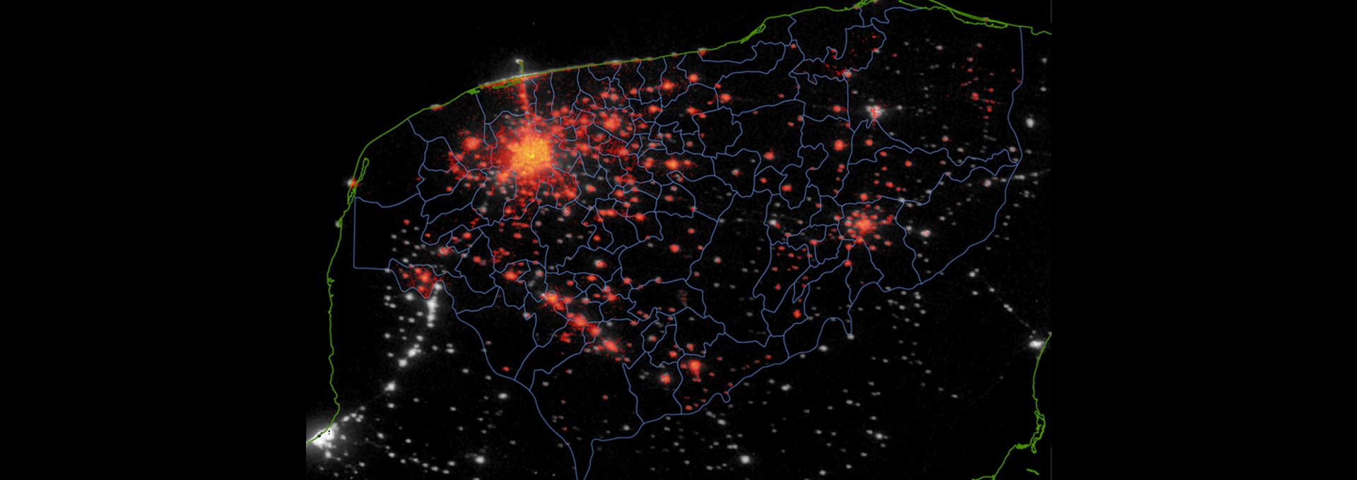 False color nighttime-light satellite image of Yucatán, Mexico and surrounding regions, an indicator of human population density